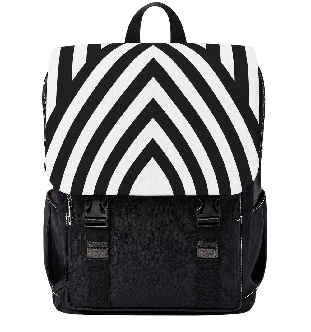 Apex Oxford canvas backpack with black and white chevron flap, front view