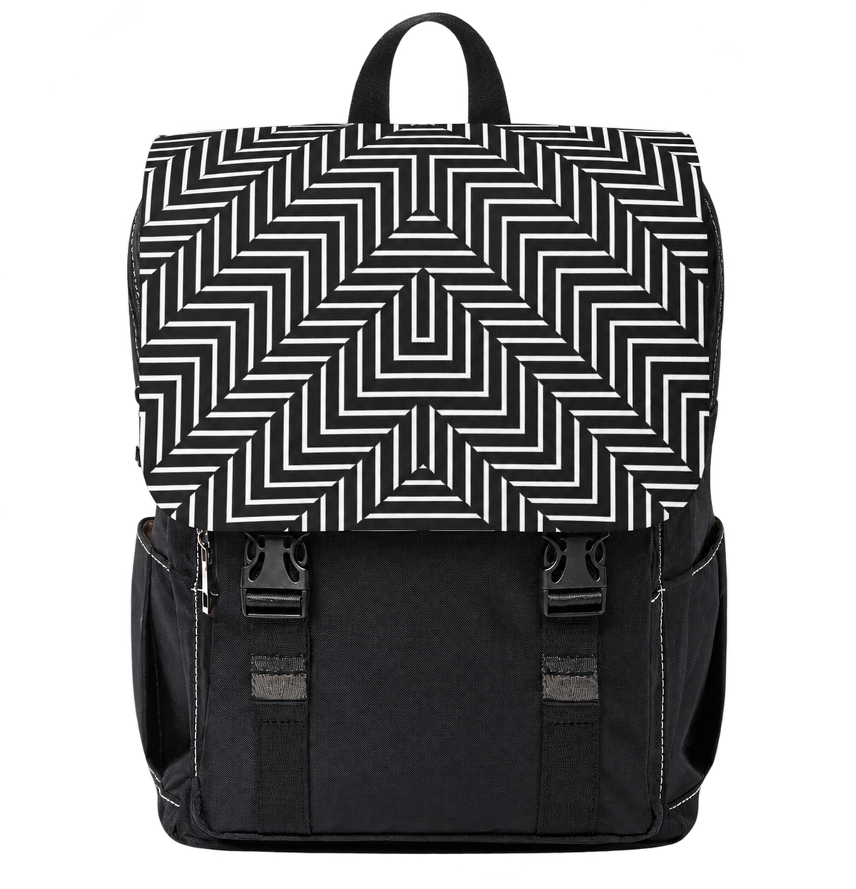 Maze Field Oxford canvas backpack with black and white maze-pattern flap, front view