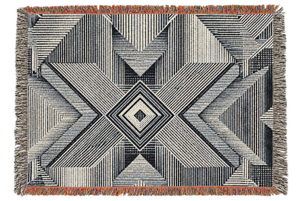 Monolith Star charcoal, grey and ivory geometric star woven cotton throw blanket, front view with fringed edges