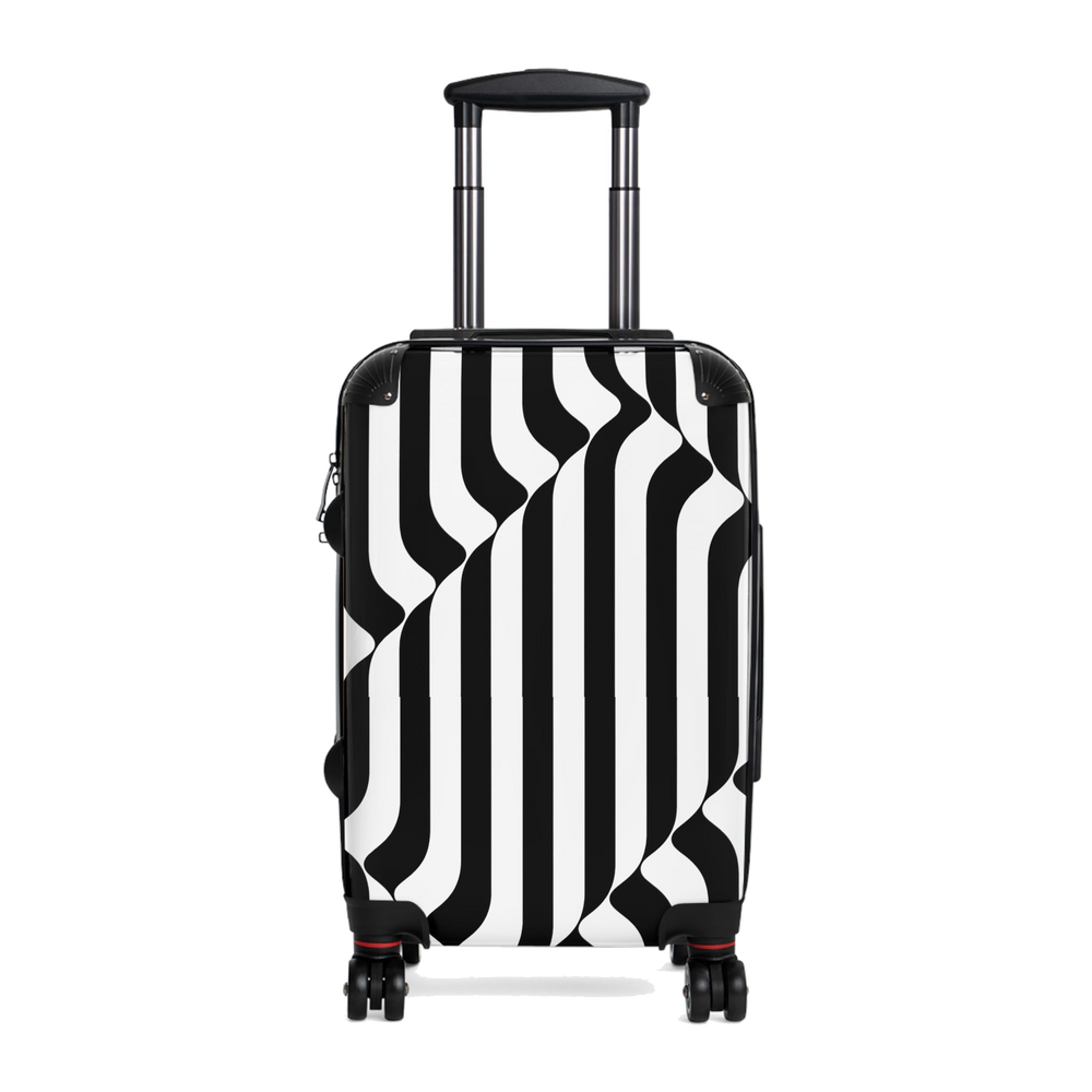 Optic Current black and white op-art hard-shell carry-on suitcase, front view with handle extended