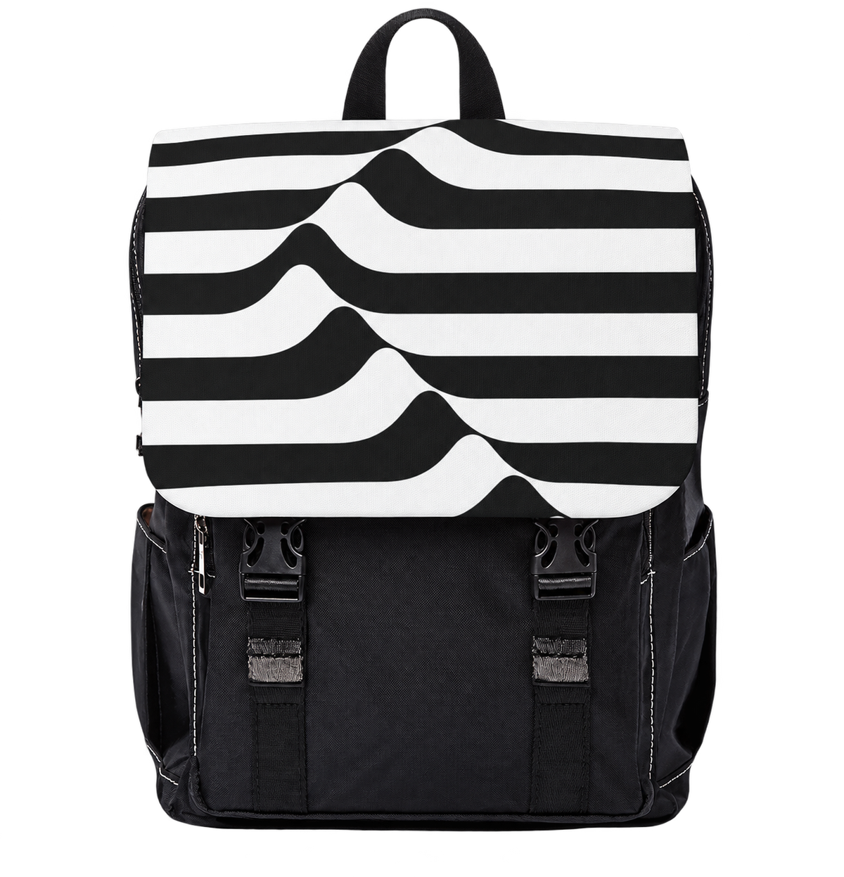 Signal Fold Oxford canvas backpack with black and white folded-wave flap, front view